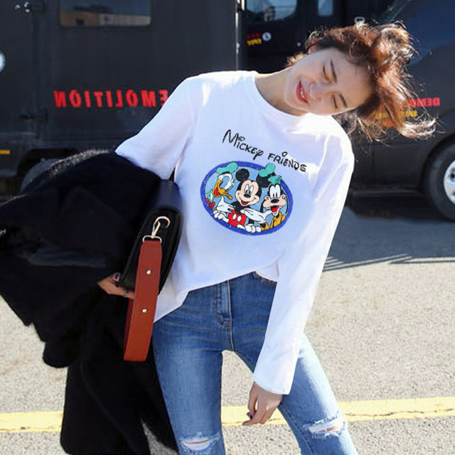Spring 2020 new cartoon Mickey print Korean version of cotton loose white long-sleeved t-shirt female bottoming shirt top Spring 2020 new cartoon Mickey print Korean version of cotton loose white long-sleeved t-shirt female bottoming shirt top