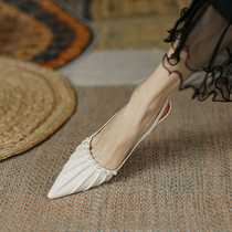 Little uncles 2022 new high heels female sandals Summer Baotou fine heel Pointed Pearls BUTTONS Fairy Wind