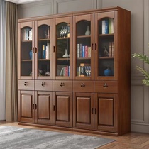 Solid wood bookcase with lock with glass door on floor combination Home 3 doors Modern Chinese office Three doors bookcase with door