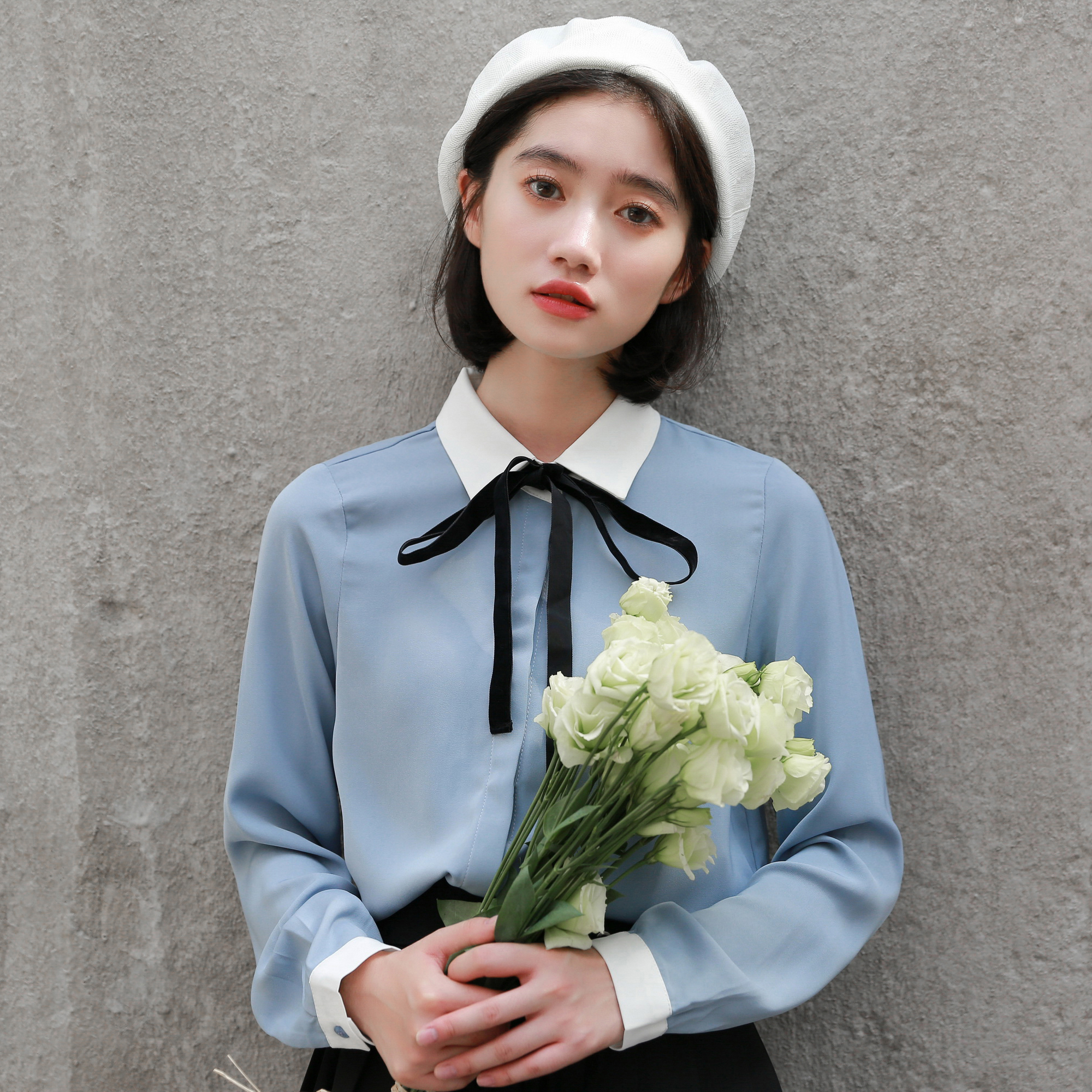 实拍秋季新款宽松学院风上衣百搭韩版衬衫领结女