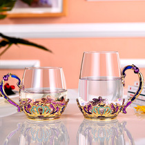 Enamel color crystal glass cup Heat-resistant bubble tea cup with lid with handle Office men and women crown teacup