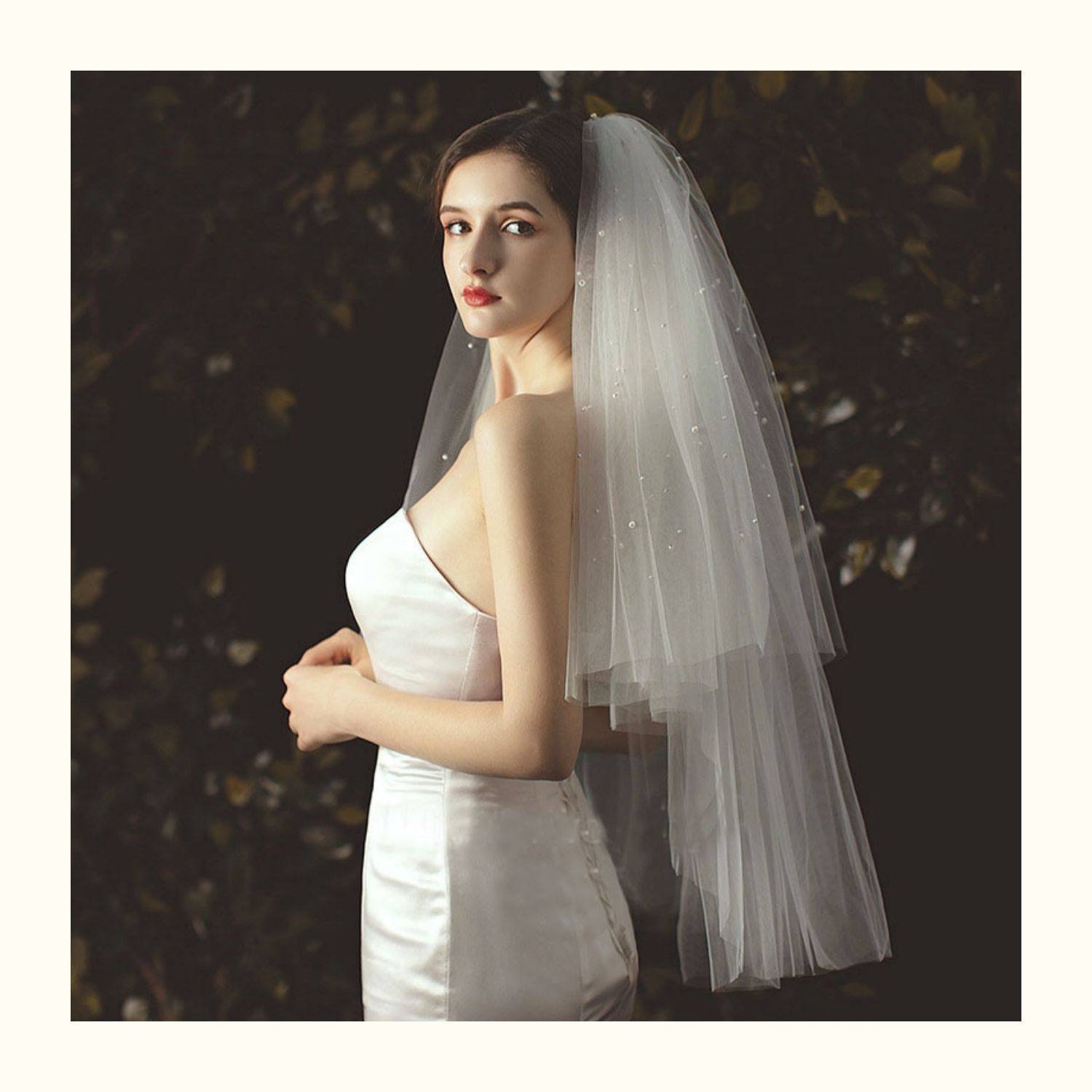 珍珠多层遮面款新娘头纱蓬蓬造型婚纱短款面纱头纱婚礼旅拍头饰