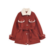 Designer Plus New Year red woolen coat womens medium length thick waist small hair jacket