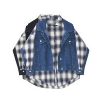 DESIGNER PLUS design sense stitching Plaid denim jacket female Korean version loose age long sleeve top tide