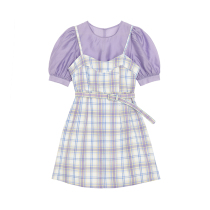 Designer Plus small sub-display high suit female purple ocean gas plaid hanger with skirt snow-shirt two-piece set