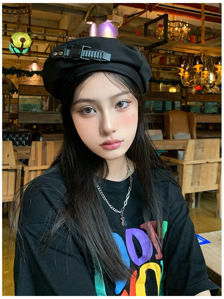 许佳琪同款辣妹贝雷帽女夏小众黑色复古春秋画家帽子潮流酷酷女孩