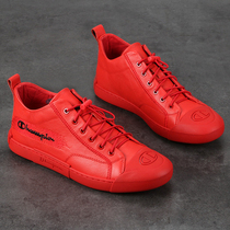 High-level shoes men leather red middle and high-aided shoes English Han casual trend of small white shoes