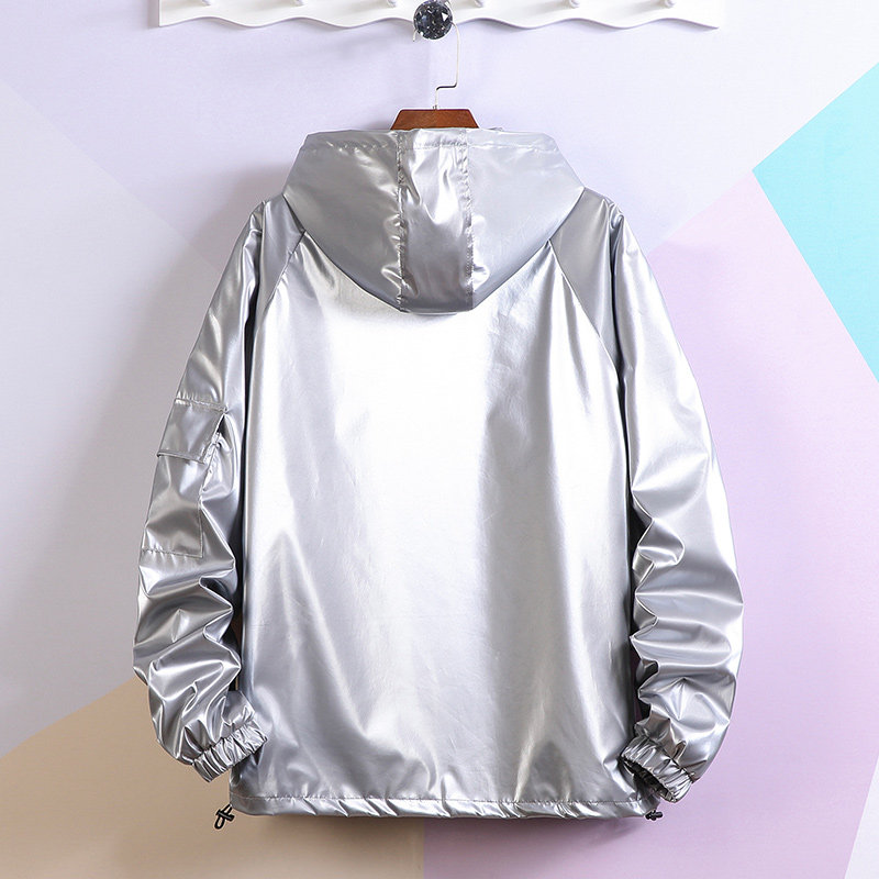 ins夏季超薄银色夹克男潮流韩版反光亮面防晒衣服嘻哈薄款外套