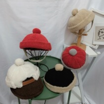 Childrens hat Korean version of cute small ball landowner hat autumn and winter men and women baby ins melon leather hat lamb velvet without Eaves
