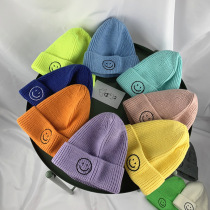Childrens hat ins new macaron foreign embroidery smiling face baby warm wool hat knitted hat melon leather hat