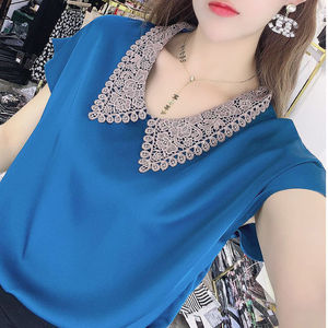 网红衬衫女2021夏季新款短袖蕾丝小衫洋气质大码宽松遮肉百搭上衣