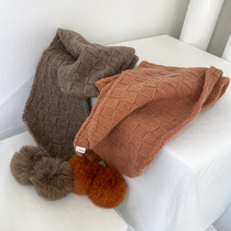 Solid color wool knitted scarf female winter Japanese wool knitting cute wool ball Korean student Joker bib