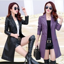 2021 autumn and winter New Haining leather clothing female long slim Korean version of knee temperament large size leather windbreaker coat tide