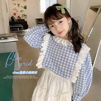 Girls plaid shirt long-sleeved cotton foreign style spring Korean version of small and medium-sized girls baby lady lace lace top