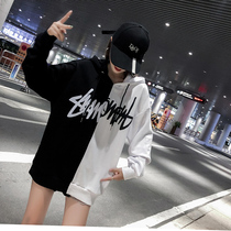 Contrast sweatshirt female hooded 2020 Spring New plus velvet thin coat black and white splicing couple Korean hip hip