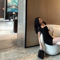 French bubble sleeve dress female summer retro square collar waist thin sexy tight mesh bag hip small black skirt