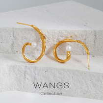 WANGS French pearl earrings with pure silver 18k gold plated light luxury retro - ancient sentiment commuter temperament ear decoration