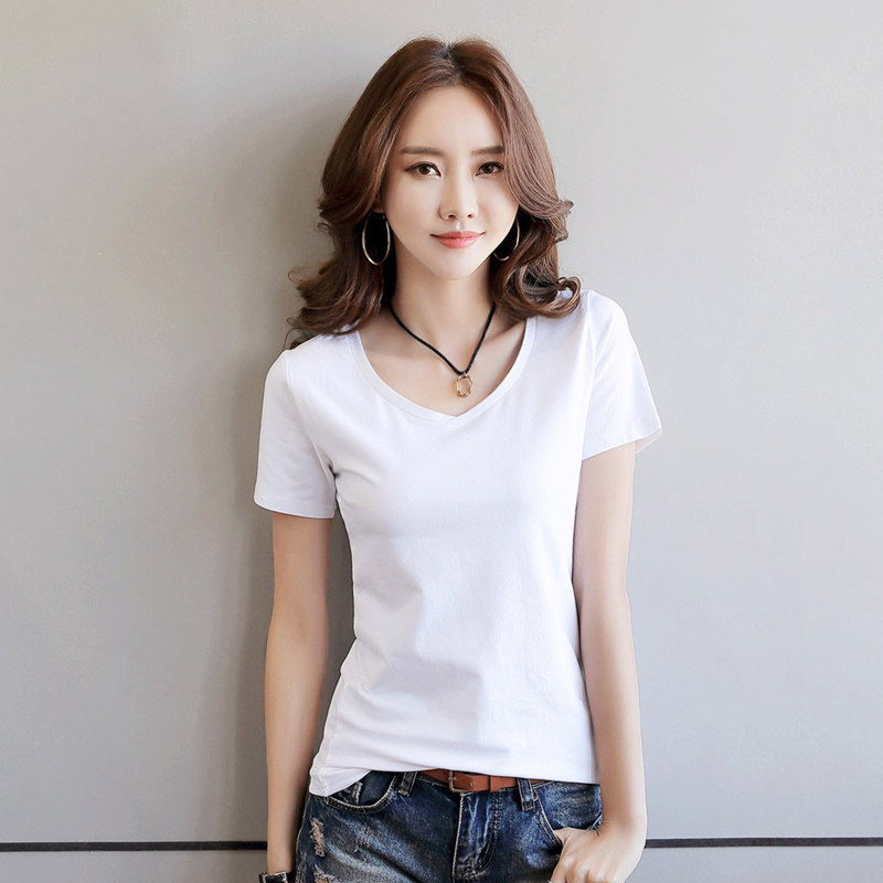 买一送一纯白色t恤女夏纯黑短袖v领上衣纯棉质大码低领纯色体桖衫