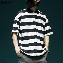 Tide Card Striped Polo Shirt T-shirt Men 2022 Summer collage pure cotton short sleeve loose trend Paul cedar blouse