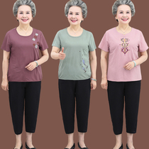 Mom loaded cotton short sleeve T-shirt suit for elderly woman in summer clothing elderly clothes Mrs. Grandma Two sets