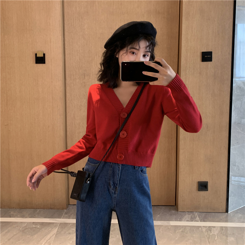 2019秋款毛衣外套女短款时尚学院少女红色黑色小个子慵懒针织开衫