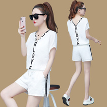 2021 spring and summer new Korean womens sportswear set womens casual short sleeve slim sweater two-piece tide