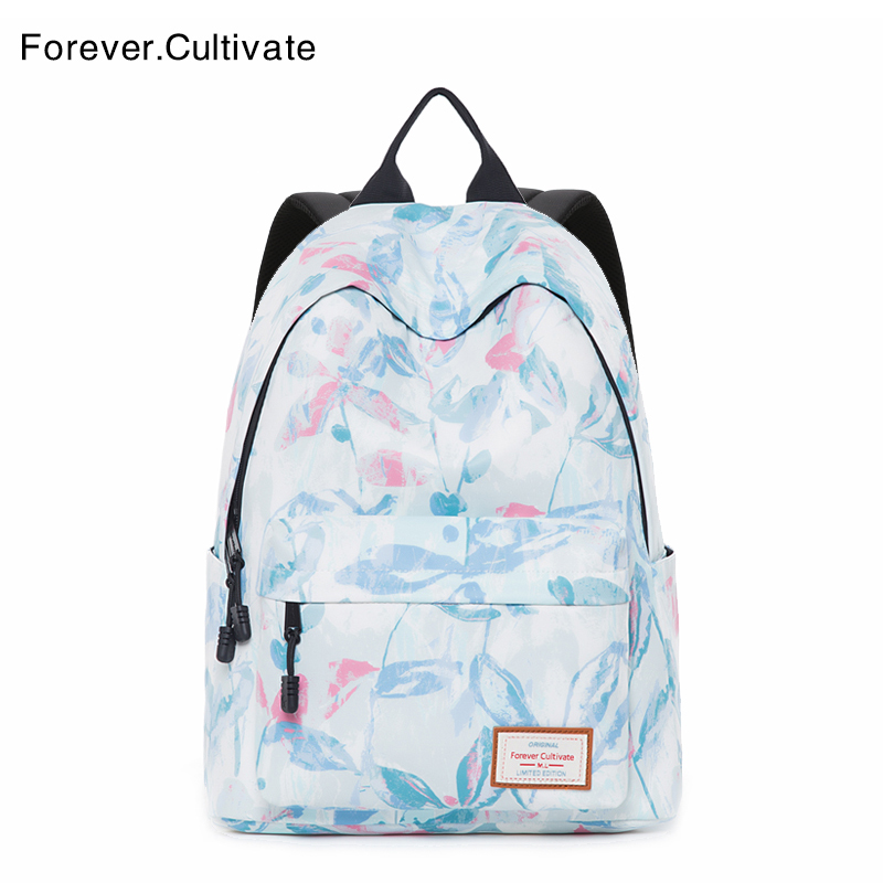 Forever cultivate大学生书包女韩版校园 简约文艺背包印花双肩包