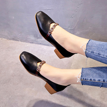 Square head single shoes womens autumn 2020 new Korean version of the wild shallow mouth grandma shoes thick heel Mary Jane shoes medium heel womens shoes