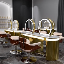 Net red hairdressing shop stainless steel imitation marble mirror table barber shop cabinet integrated hair salon special ironing single mirror