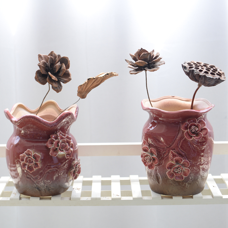 A new large caliber old running the green plant ceramic flower POTS, fleshy flower implement dried flower vase coarse pottery breathable large - sized mage basin