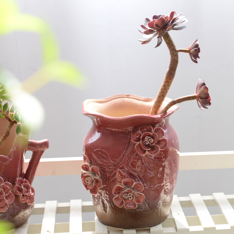 A new large caliber old running the green plant ceramic flower POTS, fleshy flower implement dried flower vase coarse pottery breathable large - sized mage basin