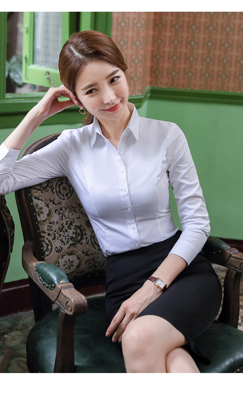 暖青汇职业白色衬衫女长袖时尚气质洋气面试工作服蓝寸衫免烫正装上衣