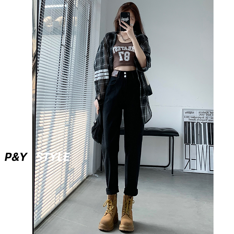 Black Old Daddy Jeans Woman Little Guy 2023 New High Waist Display Slim Loose Spring Autumn Plus Suede Kharen Pants-Taobao