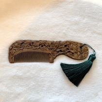 Flower blooming rich long handle recommended jade green sandalwood natural original carving peony Chinese style ancient gift wood comb