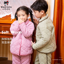 Small black tote intimacy Tony autumn and winter children pyjamas male and female children plus velvet thickened warm three-layer clamp cotton home suit suit