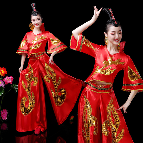 Chinese folk dragon lion dance costumes for women Yangko costume waist drum team drum dance dresses