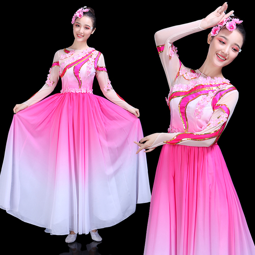 Chinese folk dance costumes for women Opening dance big swing dress performance dress female adult large dance flower blooming modern dress long skirt