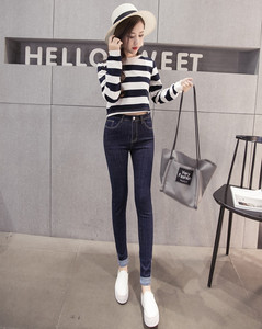 Korean version of elastic high waist curled ribbons slim jeans