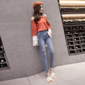 Korean version high waist slim pants nine hole pants stretch jeans