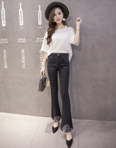 High waist elastic color matching tassel micro-la jeans tide