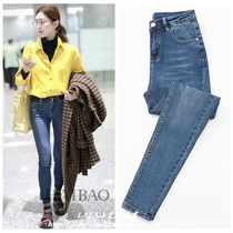 Jiang Shuying star with jeans womens 2020 new retro blue pants high waist thin tight nine-point pants