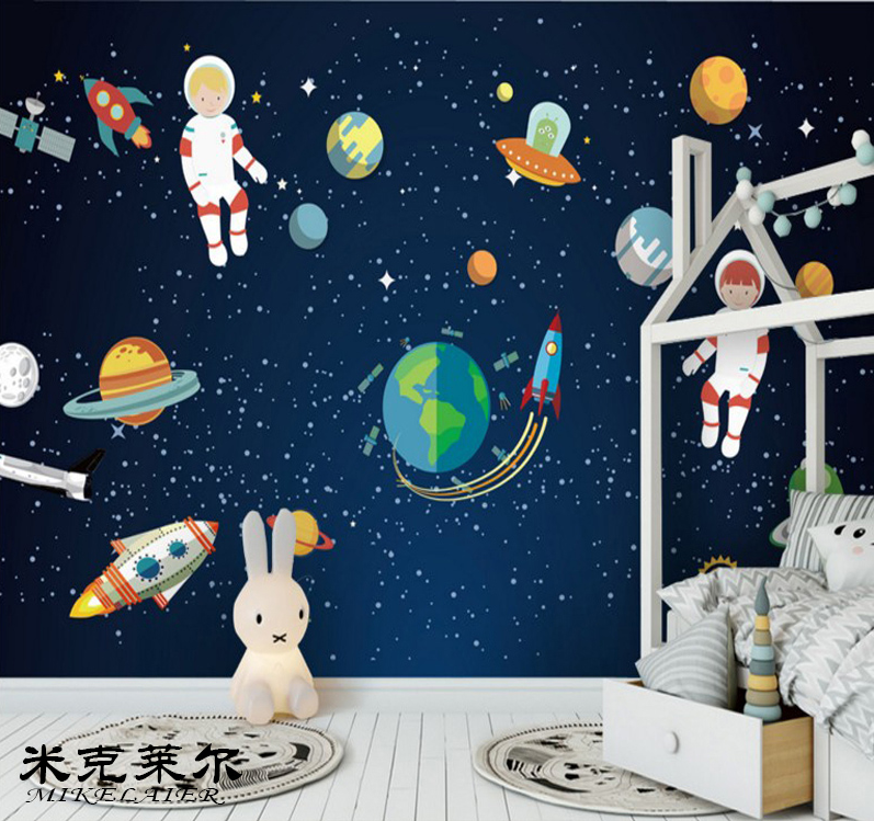 卡通墙纸幼儿园早教 星空宇宙太空壁纸 儿童房卧室火车壁画