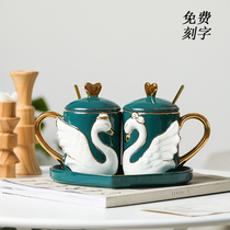 Lettering ceramic couple Cup simple pair of couple creative high face value mug with lid spoon water Cup home