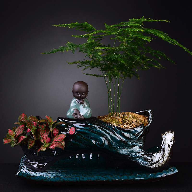 The New Chinese zen flowerpot creative young monk asparagus bonsai home, green potted meat more ceramic POTS of the plants