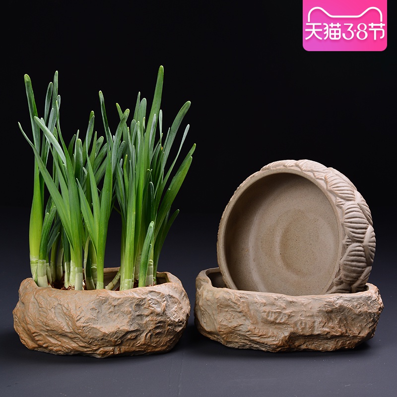 Refers to flower pot ceramic coarse pottery imitation stone without hole, large creative hydroponic plant grass copper bowl lotus basin container