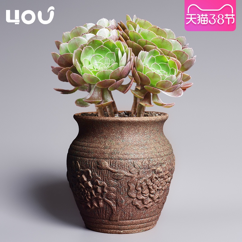 Retro coarse pottery flowerpot more meat ceramic breathable old green plant special money plant bracketplant potted butterfly orchid flower POTS