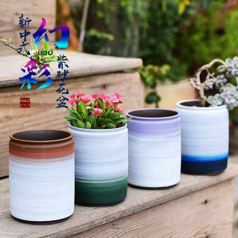 New Chinese style brilliantly coloured purple sand flowerpot ceramic meat more small basin of the old running in creative green plant home potted small air permeability