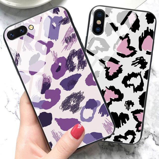 时尚涂鸦豹纹 苹果X手机壳iphone6splus手机壳XS Max钢化玻璃壳iPhone8女款全包7plus玻璃套XR软套5s网红情侣