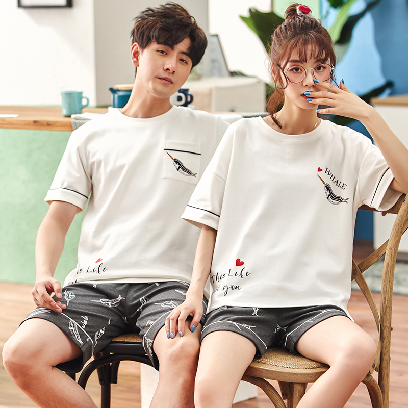2 sets of price lovers' pajamas summer cotton men's home wear set korean version lovely nightdress women's short sleeve thin net red