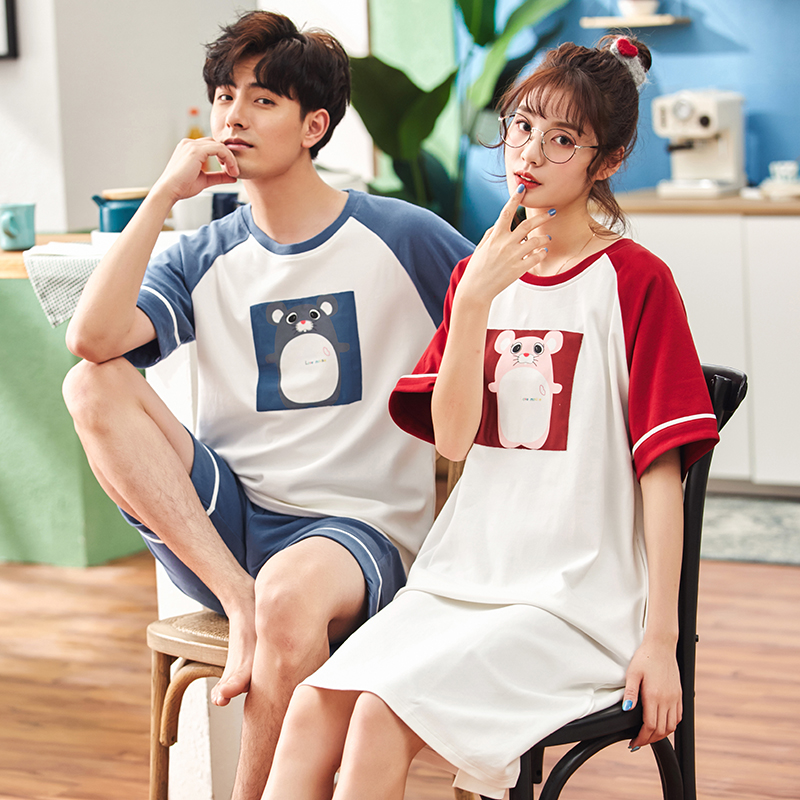 2 sets of price lovers' pajamas summer cotton men's home wear set korean version lovely nightdress women's short sleeve thin net red